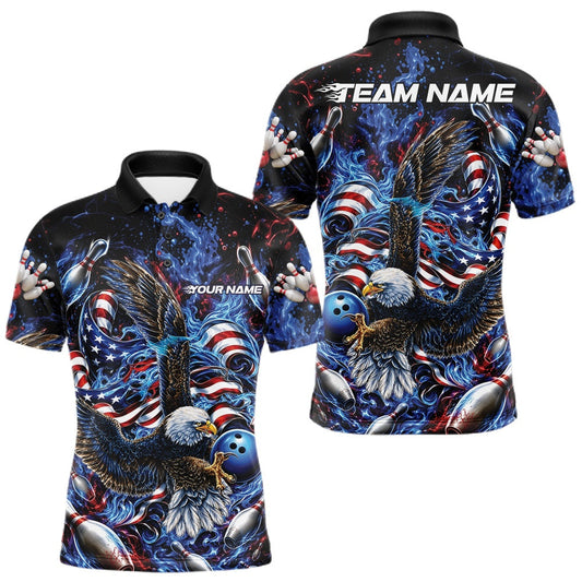 Maxcorners Custom Patriotic Flaming Bald Eagle American Flag Bowling Men Polo Shirt