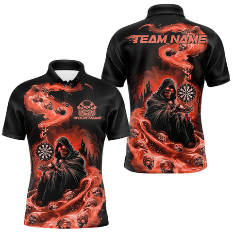 Maxcorners Custom Orange Flame Grim Reaper Dart Men Polo Shirts, Dart Team Halloween Outfits MT0410