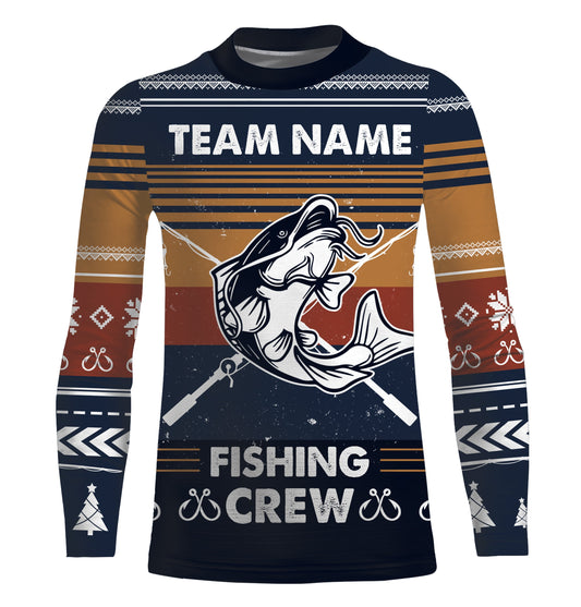 Maxcorners Catfish Fishing Crew Ugly sweater pattern Custom Long Sleeve Fishing Shirts, Catfish Fishing Christmas gifts for Fishing team LM0201