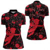 Maxcorners Black And Red Custom Valentines Day Bowling Polo Shirts, Bowling Couple Shirt