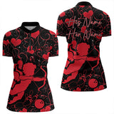 Maxcorners Black And Red Custom Valentines Day Bowling Polo Shirts, Bowling Couple Shirt