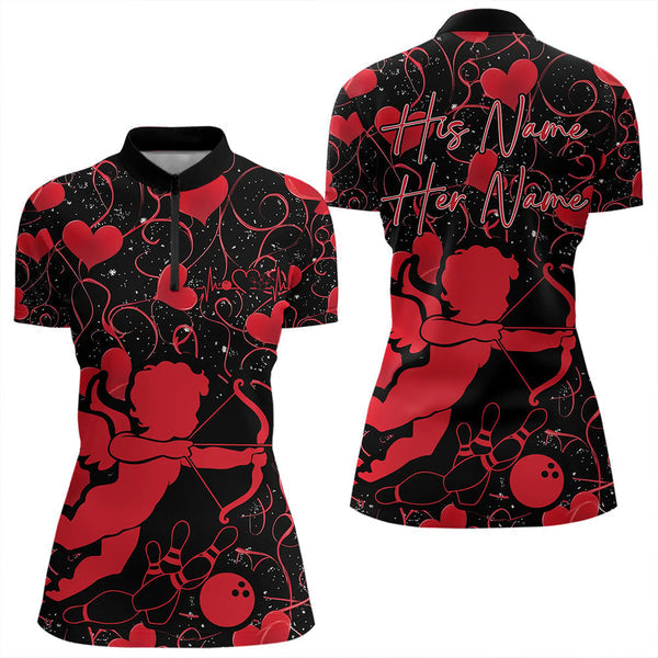Maxcorners Black And Red Custom Valentines Day Bowling Polo Shirts, Bowling Couple Shirt