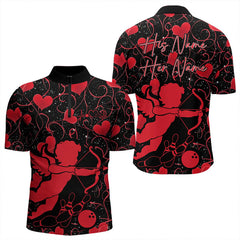 Maxcorners Black And Red Custom Valentines Day Bowling Polo Shirts, Bowling Couple Shirt