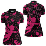 Maxcorners Black And Pink Custom Valentines Day Bowling Polo Shirts, Bowling Couple Shirt