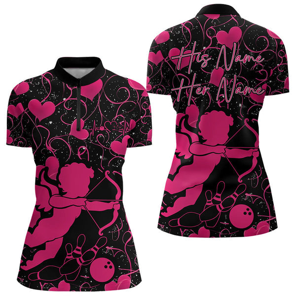 Maxcorners Black And Pink Custom Valentines Day Bowling Polo Shirts, Bowling Couple Shirt