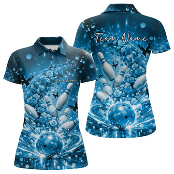 Custom Blue Roses And Butterfly Women Bowling Shirt, Flower Ladies Bowling Jerseys LM1203