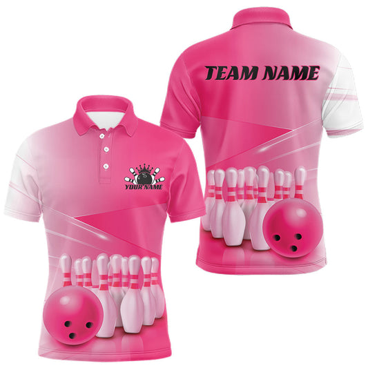 Maxcorners Custom Pink Bowling Ball And Pins Performance Jersey, Bowling Team Men Polo Shirt