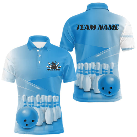 Maxcorners Custom Blue Bowling Ball And Pins Performance Jersey, Bowling Team Men Polo Shirt