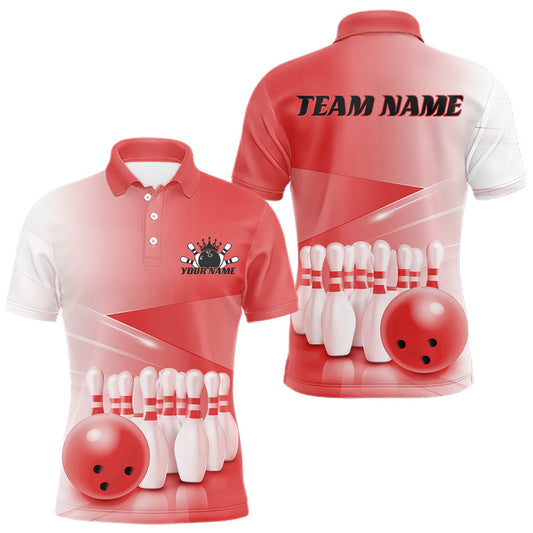 Maxcorners Custom Red Bowling Ball And Pins Performance Jersey, Bowling Team Men Polo Shirt