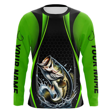 Maxcorners Custom Largemouth Bass Fishing Tournament Long Sleeve Fishing Shirts, Bass Fishing Jerseys | Green LM0201