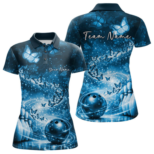 Custom Elegant Blue Butterfly Women Bowling Shirt, Ladies Bowling Team Outfit LM1203