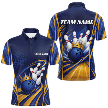 Maxcorners Custom Blue And Gold King Crown Bowling Team Men Polo Shirt, Bowling League Shirt
