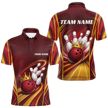 Maxcorners Custom Red And Gold King Crown Bowling Team Men Polo Shirt, Bowling League Shirt