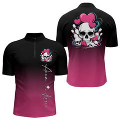 Maxcorners Custom Black And Pink Skull Valentines Day Couple Bowling Polo Shirts For Men