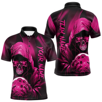 Maxcorners Pink Bowling Grim Reaper Custom Men Bowling Polo Shirts Skull Bowling Team Jerseys