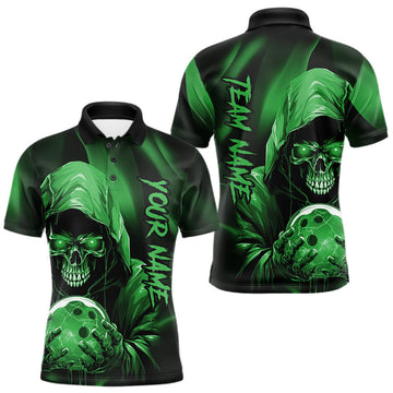 Maxcorners Green Bowling Grim Reaper Custom Men Bowling Polo Shirts Skull Bowling Team Jerseys TU1002