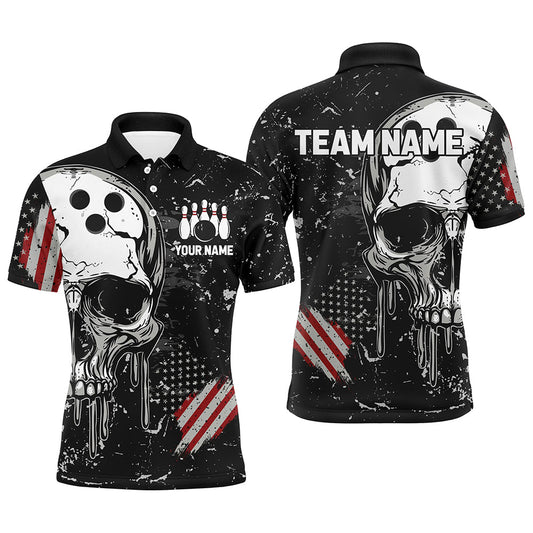 Maxcorners Skull Bowling American Flag For Team Bowling Team Men And Women Polo Shirts, Bowling Pattern Outfits