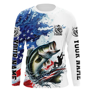 Maxcorners Personalized American Flag Bass Long Sleeve Fishing Shirts, Patriotic Bass Fishing Jerseys LM0201