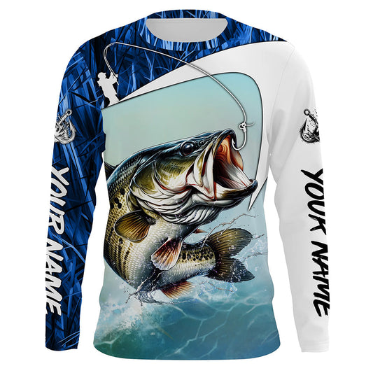 Maxcorners Personalized Largemouth Bass Long Sleeve Tournament Fishing Shirts, Bass Fishing Jerseys | Blue Camo LM0201