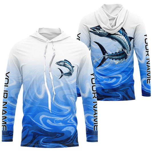 Maxcorners Wahoo Fishing Custom Long Sleeve Performance Shirts, Wahoo Saltwater Fishing Apparel | Blue Camo LM0201