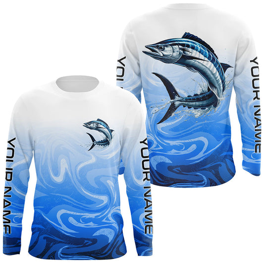 Maxcorners Wahoo Fishing Custom Long Sleeve Performance Shirts, Wahoo Saltwater Fishing Apparel | Blue Camo LM0201