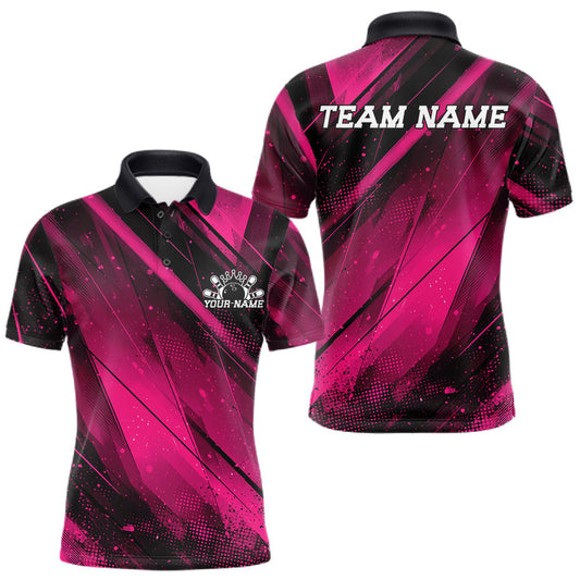 Maxcorners Custom Black And Pink Splatter Halftone Men Bowling Polo Shirts Bowling Team Jerseys LM1005