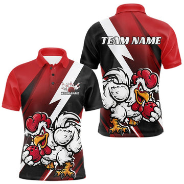 Maxcorners Custom Black And Red Funny Bold Confident Chicken Bowling Shirt For Men, Bowling Jerseys LM1307