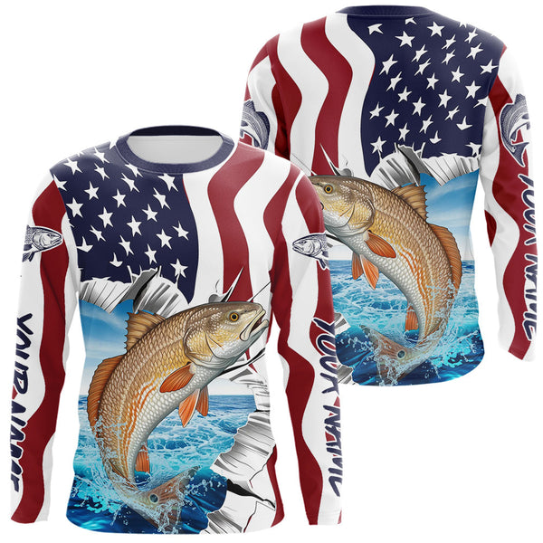 Maxcorners Custom Patriotic US Flag Redfish Long Sleeve Performance Fishing Shirt, Redfish Fishing Jersey MT2108