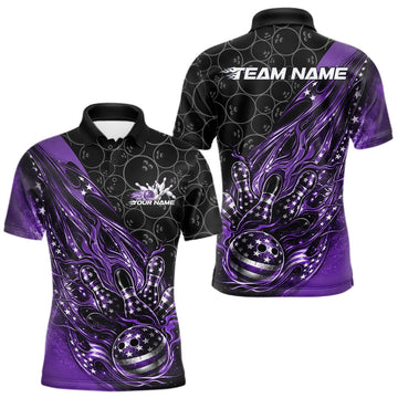 Maxcorners Custom Patriotic Purple Flame Bowling Shirts, US Flag Bowling Team Jerseys Freedom 4Th Of July Bowling Shirt LM1501