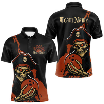 Maxcorners Custom Black And Orange Pirate Bowling Men Polo Shirt, Pirate Bowling Team Jerseys LM2602