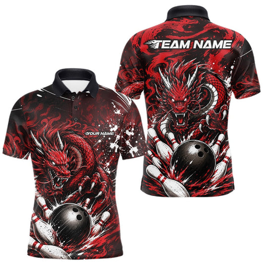 Maxcorners Custom Black And Red Splatter Dragon Men Bowling Polo Shirt, Team League Shirt LM1705