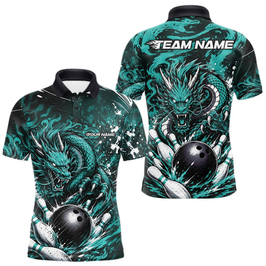 Maxcorners Custom Black And Turquoise Blue Splatter Dragon Men Bowling Polo Shirt, Team League Shirt LM1705