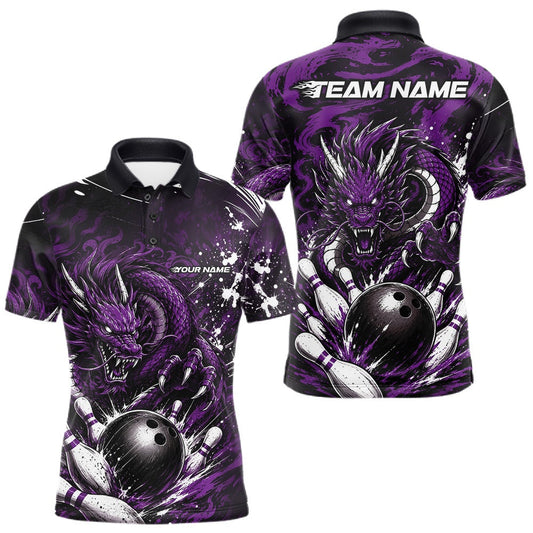 Maxcorners Custom Black And Purple Splatter Dragon Men Bowling Polo Shirt, Team League Shirt LM1705