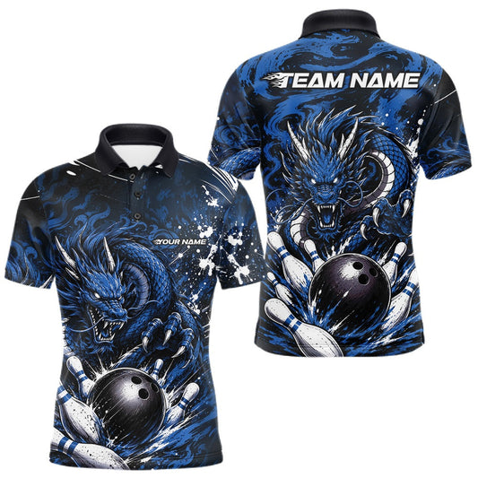 Maxcorners Custom Black And Deep Blue Splatter Dragon Men Bowling Polo Shirt, Team League Shirt LM1705
