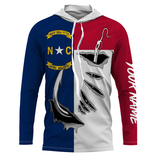 Maxcorners NC North Carolina Flag Fishing 3D Fish Hook UV protection quick dry customize name long sleeves shirts personalized Patriotic fishing apparel gift for Fishing lovers  LM0201