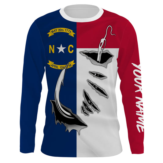 Maxcorners NC North Carolina Flag Fishing 3D Fish Hook UV protection quick dry customize name long sleeves shirts personalized Patriotic fishing apparel gift for Fishing lovers  LM0201
