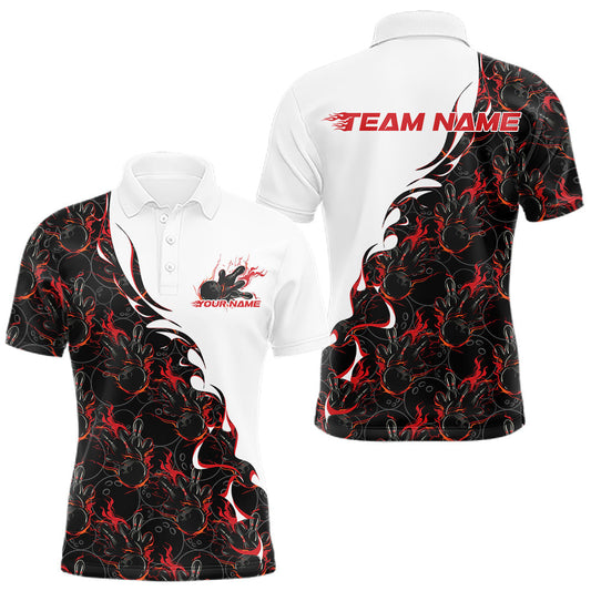 Maxcorners Custom Red Flame Bowling Men Polo Team Shirt, Bowling League Shirt Bowlers Outfit