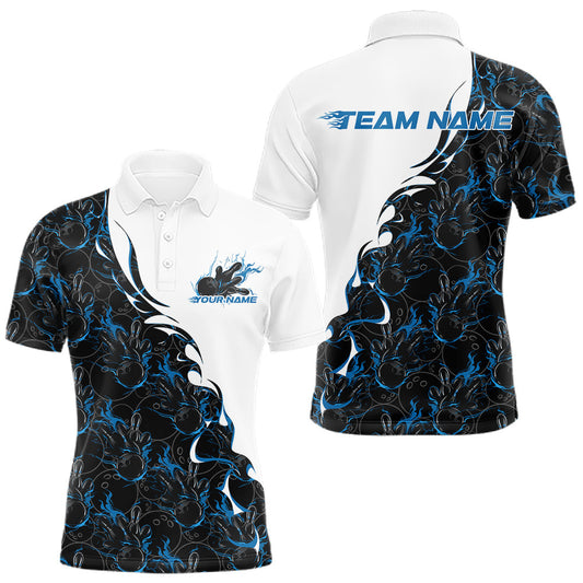 Maxcorners Custom Blue Flame Bowling Men Polo Team Shirt, Bowling League Shirt Bowlers Outfit