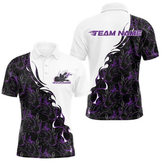 Maxcorners Custom Purple Flame Bowling Men Polo Team Shirt, Bowling League Shirt Bowlers Outfit