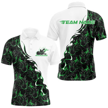 Maxcorners Custom Green Flame Bowling Men Polo Team Shirt, Bowling League Shirt Bowlers Outfit