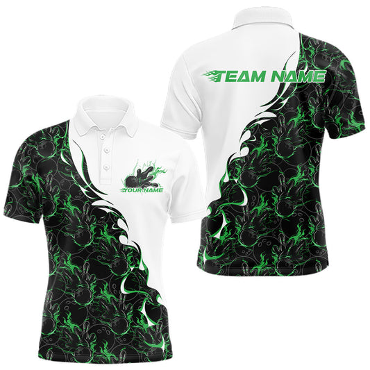Maxcorners Custom Green Flame Bowling Men Polo Team Shirt, Bowling League Shirt Bowlers Outfit
