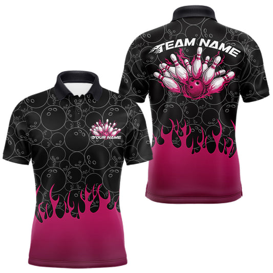 Maxcorners Custom Black And Pink Flame Bowling Team Jerseys, Men Polo Bowling Tournament Shirt