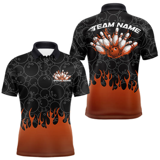 Maxcorners Custom Black And Orange Flame Bowling Team Jerseys, Men Polo Bowling Tournament Shirt