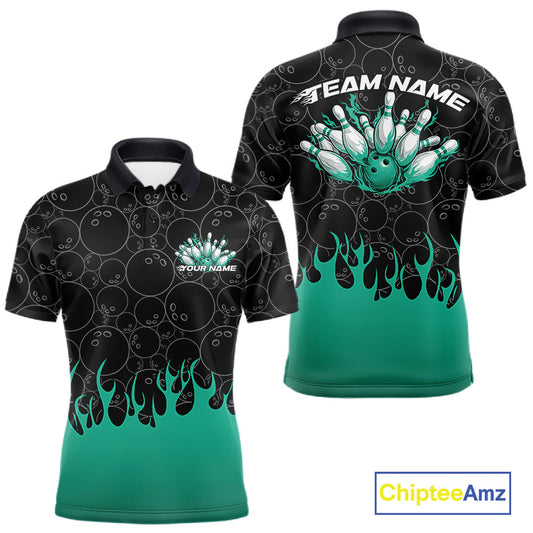 Maxcorners Custom Turquoise Green Flame Bowling Team Jerseys, Men Polo Bowling Tournament Shirt