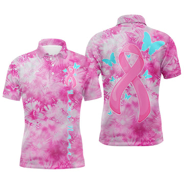 Maxcorners Pink Tie Dye Camo Pink Ribbon And Butterfly Custom Breast Cancer Awareness Polo Shirts