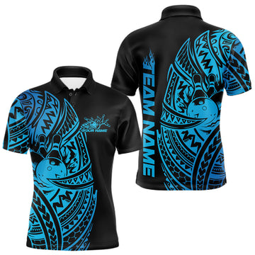 Maxcorners Custom Black And Blue Polynesian Tribal Bowling Men Shirt, Maori Bowling League Shirt