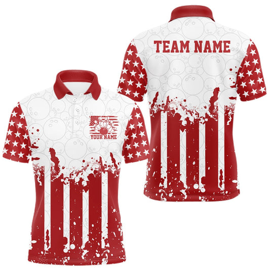 Maxcorners Custom Red American Flag Patriotic Bowling Men Polo Shirt, US Flag Bowling Jersey LM1705