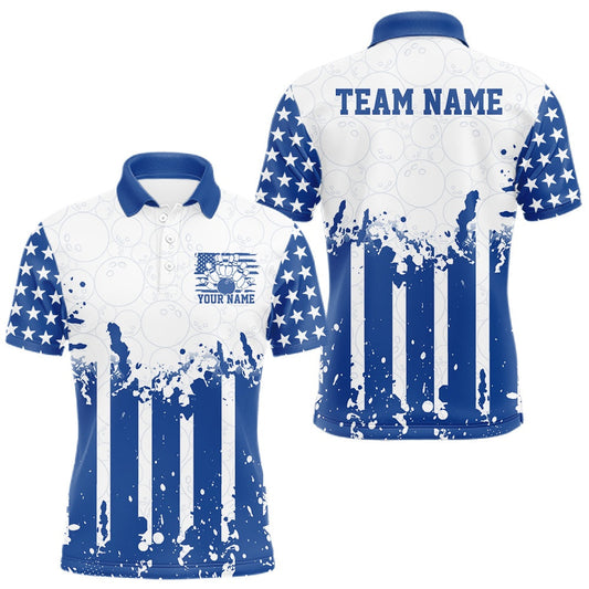 Maxcorners Custom Blue American Flag Patriotic Bowling Men Polo Shirt, US Flag Bowling Jersey LM1705