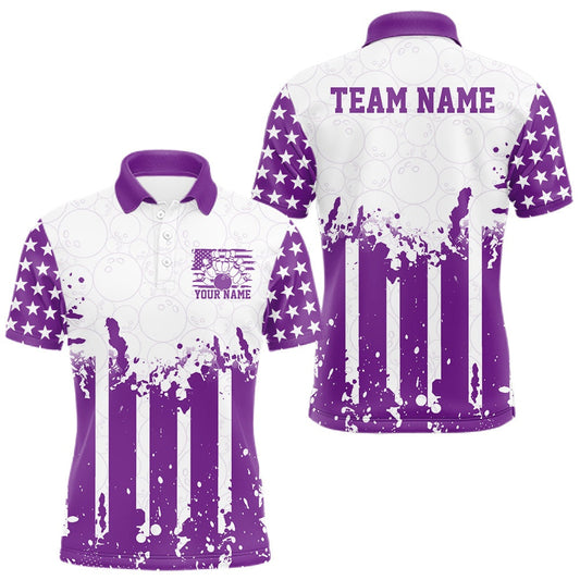 Maxcorners Custom Purple American Flag Patriotic Bowling Men Polo Shirt, US Flag Bowling Jersey LM1705