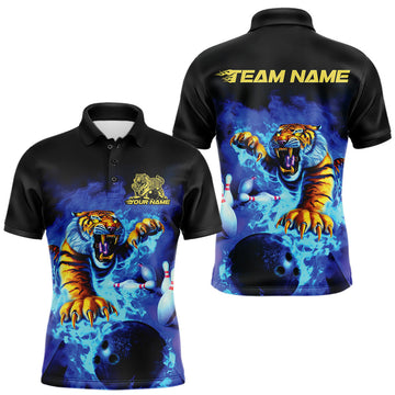 Maxcorners Custom Blue Fire Flame Tiger Bowling Team Polo Shirts For Men, Tiger Bowling Jerseys LM1203